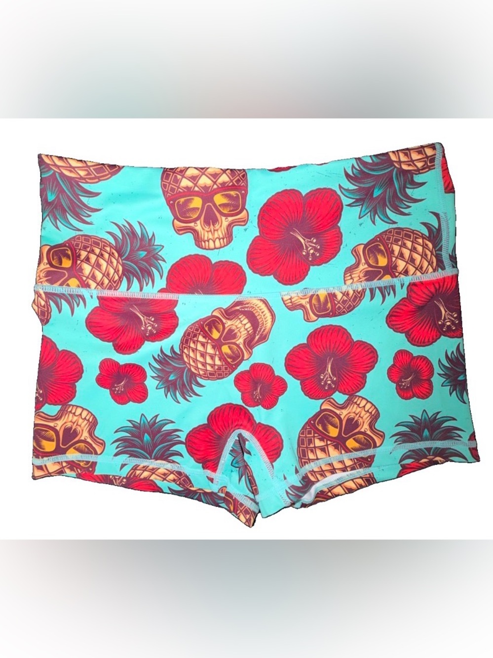 Combat Iron Apparel Women’s Gym Shorts Floral Pineapple Skull Aqua Red Sz L